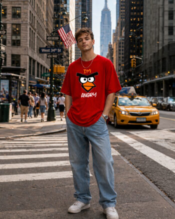 Oversized Fit  Maroon Angry Bird Graphic T-Shirt