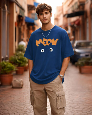 Navy Blue Meow Graphic Oversized T-Shirt - Heavyweight Cotton Streetwear